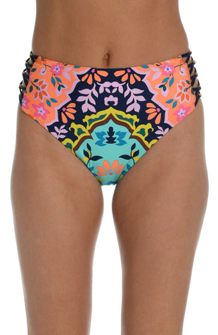 Model is wearing a multicolored bohemian printed high waist bikini bottom from our Flora-Block collection.