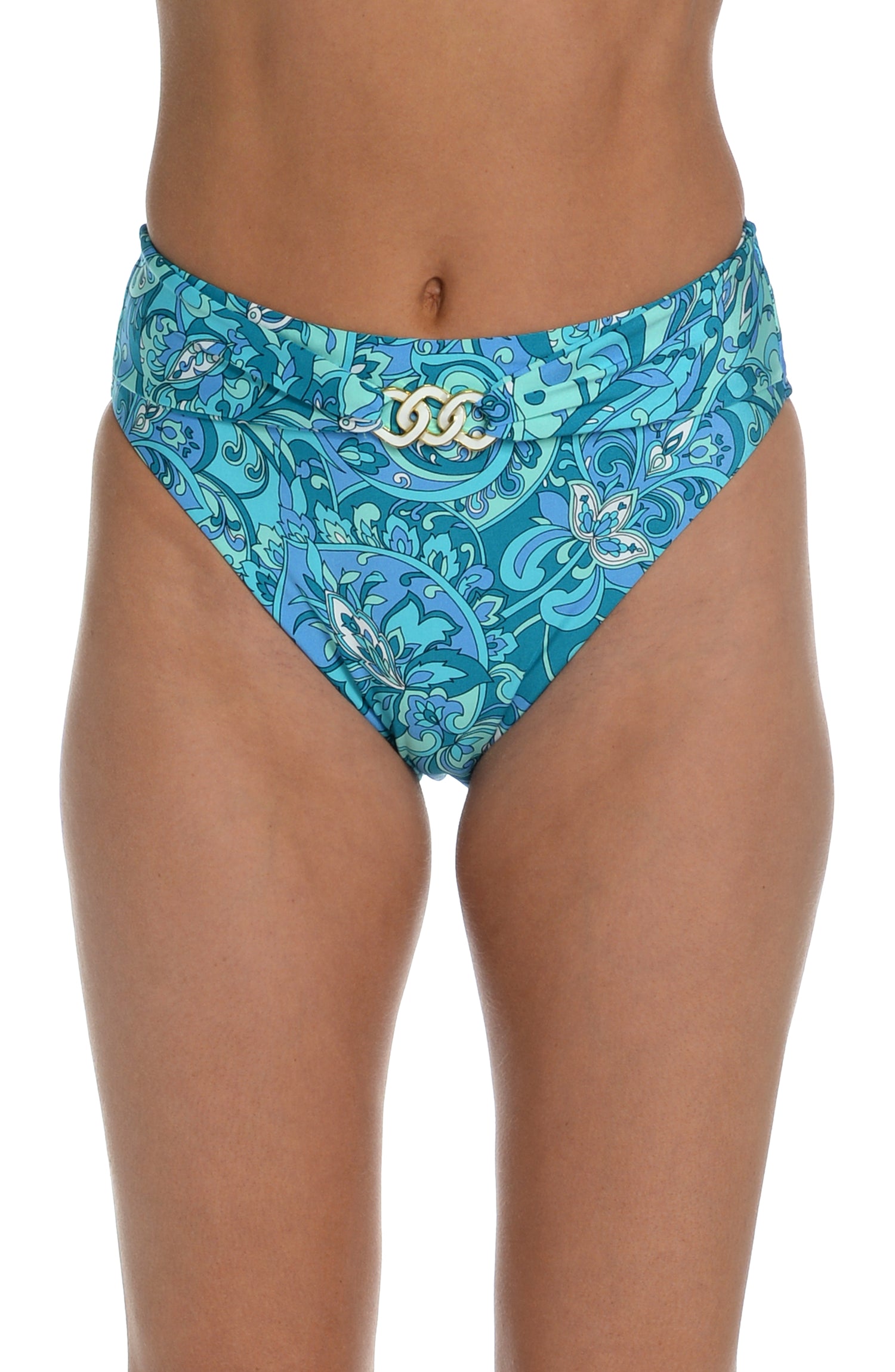 Model is wearing a teal blue bohemian printed high waist bikini bottom from our Boheme Paisley collection.