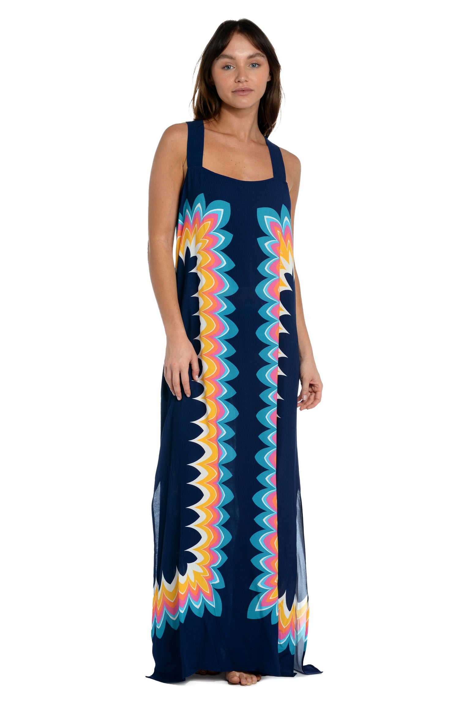 Model is wearing a navy multicolored geometric printed maxi dress cover up from our New Wave collection.