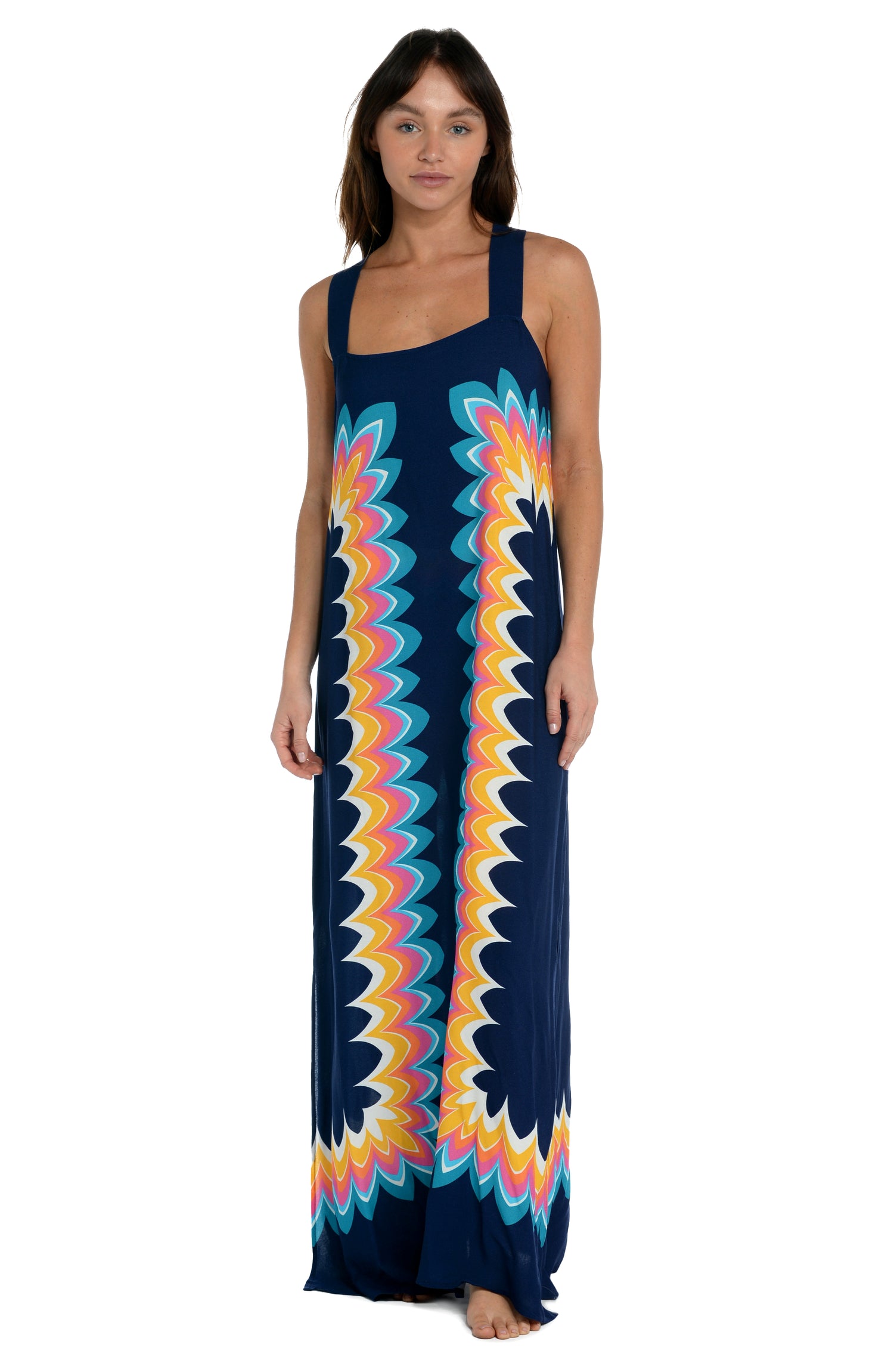 Model is wearing a navy multicolored geometric printed maxi dress cover up from our New Wave collection.
