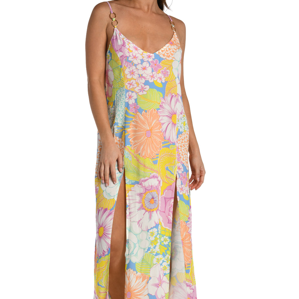 
                  
                    Model is wearing a light pastel multicolored floral printed maxi dress cover up from our Botanical Bliss collection.
                  
                