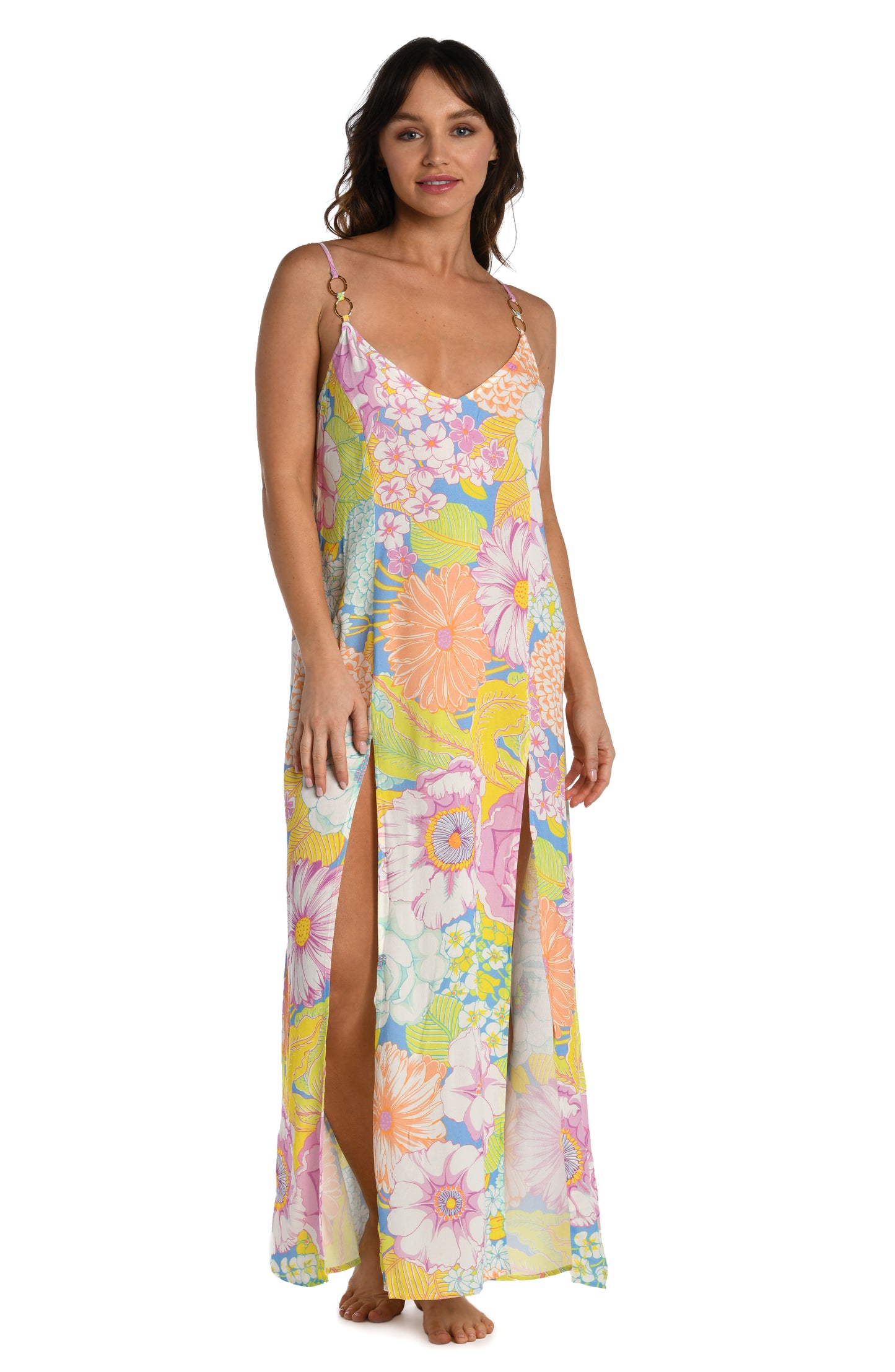 Model is wearing a light pastel multicolored floral printed maxi dress cover up from our Botanical Bliss collection.