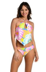 Model is wearing a light pastel multicolored floral printed high neck midkini top from our Botanical Bliss collection.