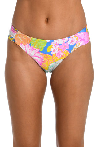 Model is wearing a light pastel multicolored floral printed side shirred hipster bikini bottom from our Botanical Bliss collection.