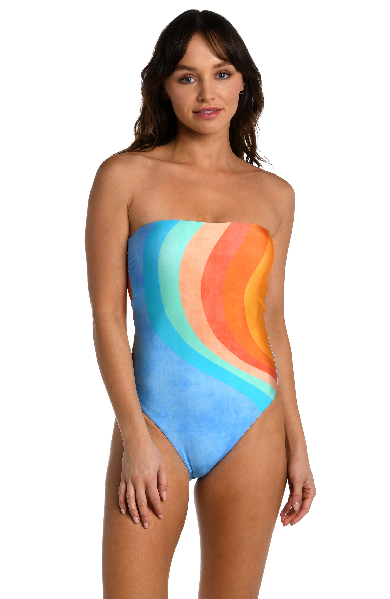 Model is wearing an orange and blue multicolored retro printed bandeu one piece swimsuit from our Mod Block collection.