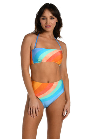 Model is wearing an orange and blue multicolored retro printed bandeau bikini top from our Mod Block collection.