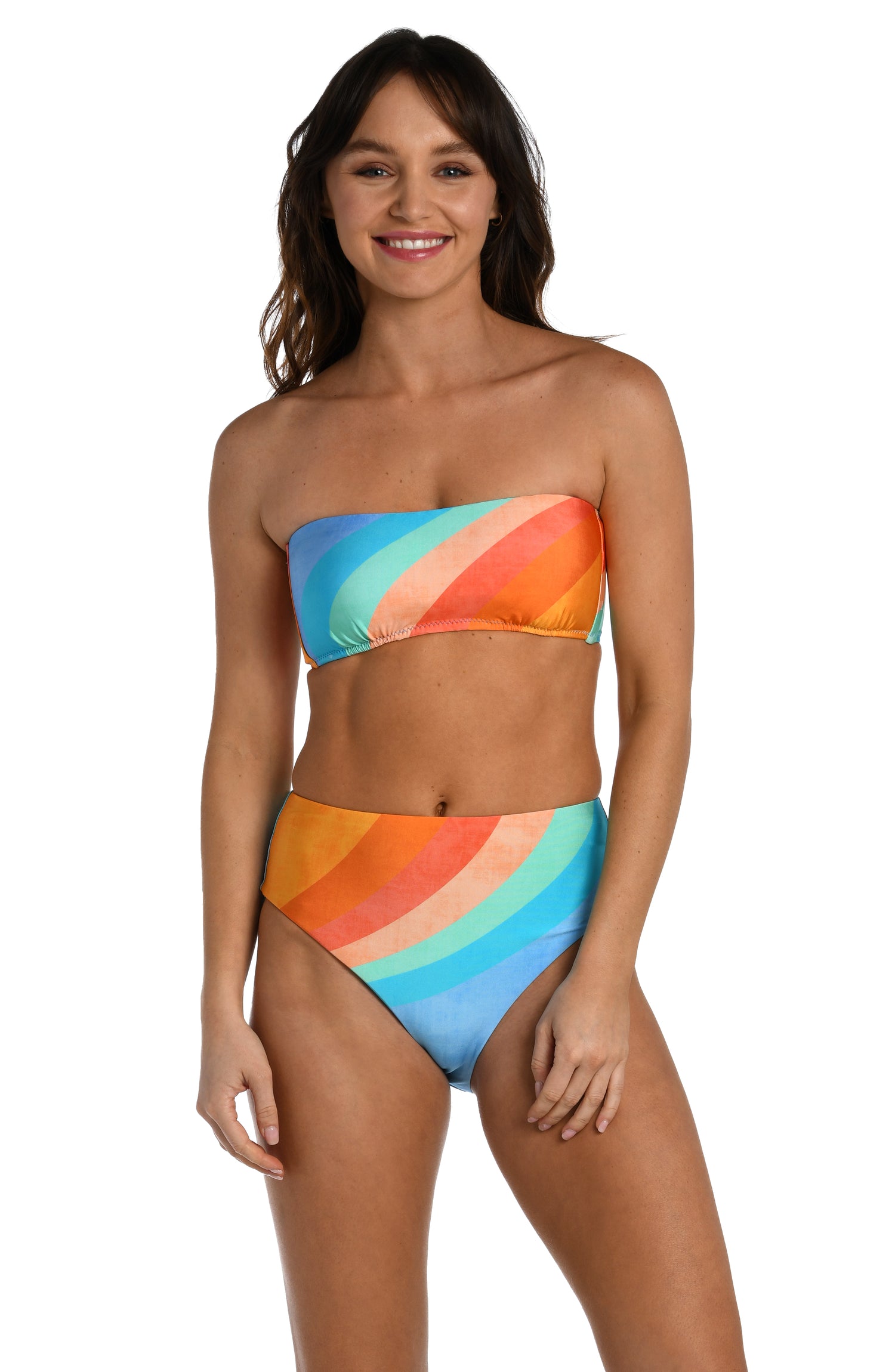Model is wearing an orange and blue multicolored retro printed bandeau bikini top from our Mod Block collection.