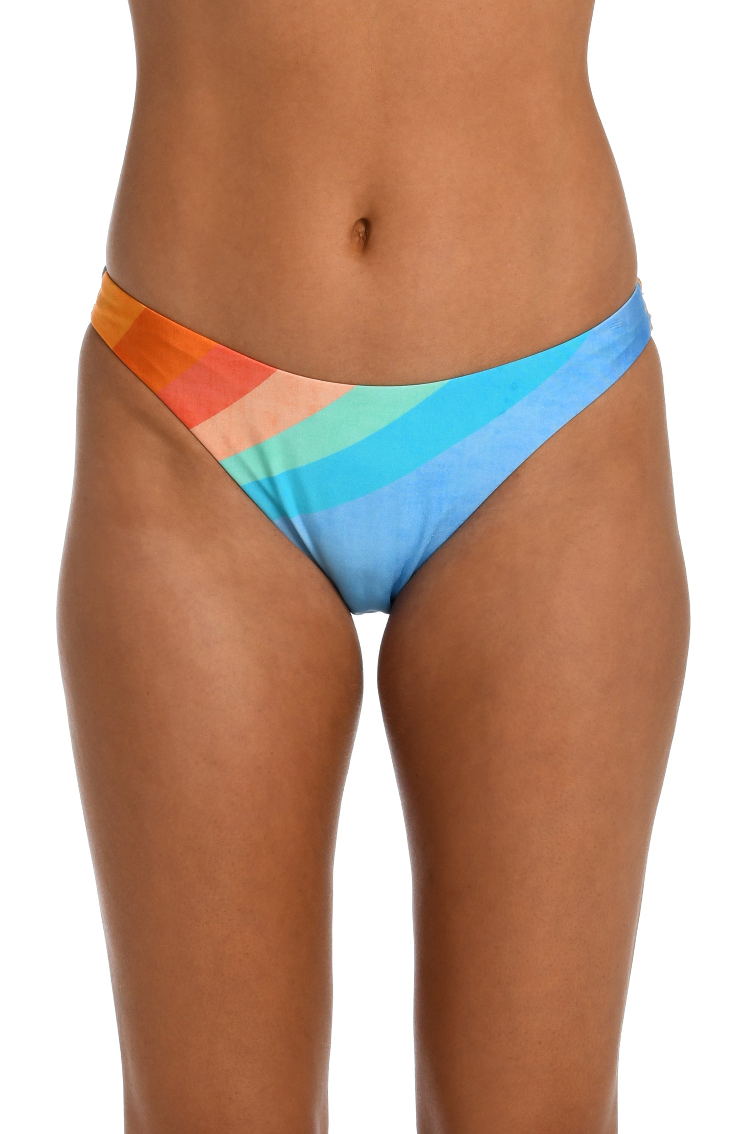 Model is wearing an orange and blue multicolored retro printed french cut bikini bottom from our Mod Block collection.