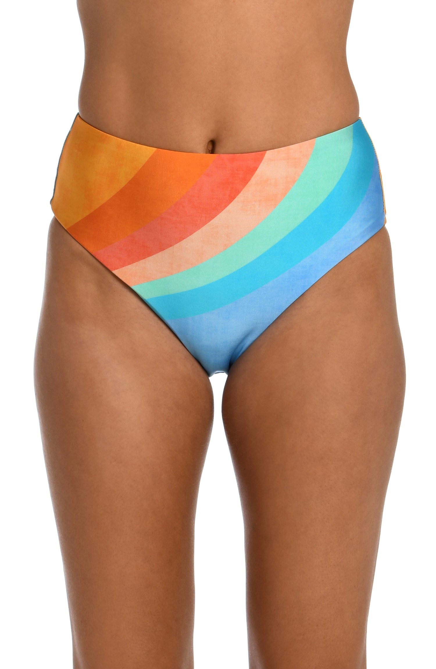 Model is wearing an orange and blue multicolored retro printed high waist bikini bottom from our Mod Block collection.