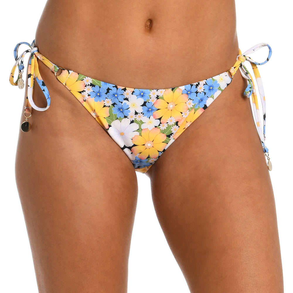 Model is wearing a multicolored daisy printed side tie hipster bikini bottom from our Daisy Daze collection.