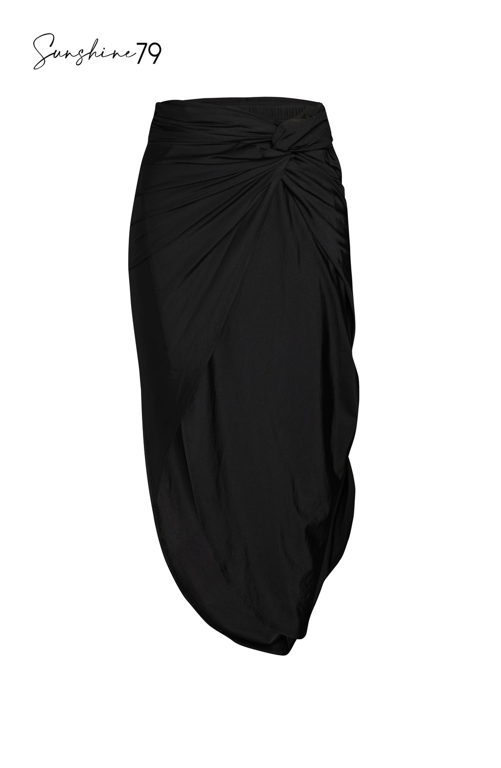 Model is wearing a solid black pull on faux pareo cover up wrap from our Sunshine 79 brand.