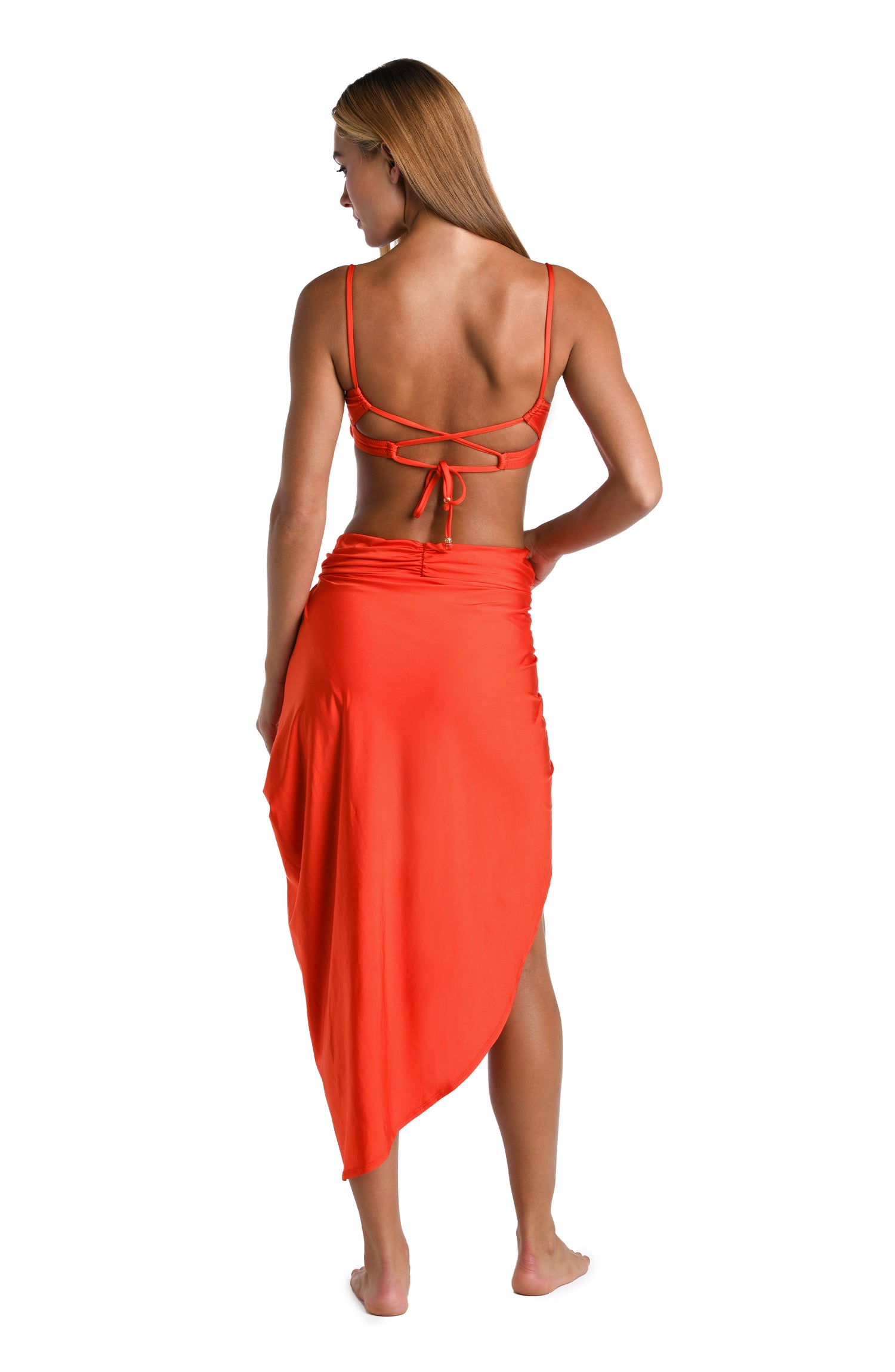 Model is wearing a solid vibrant Flame colored Pull-On Faux Pareo Cover Up