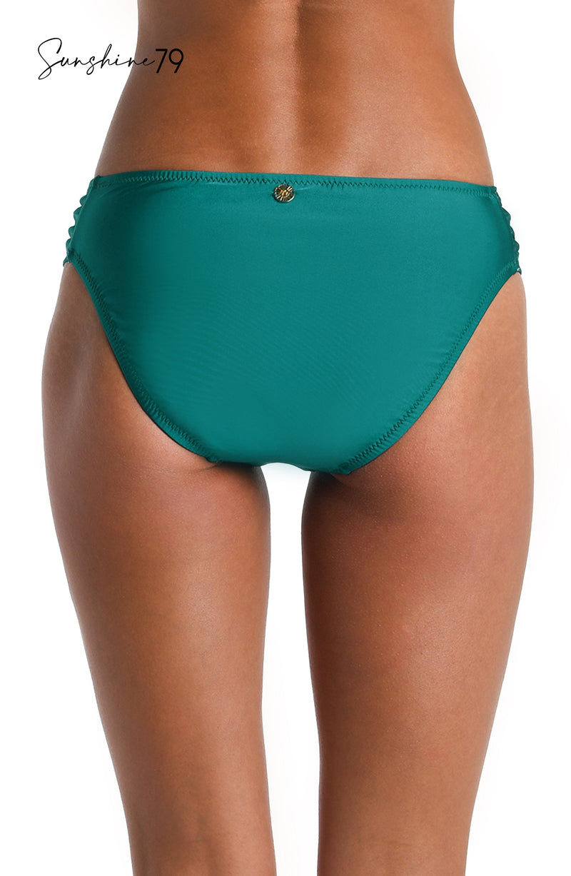 Model is wearing a multicolored Side Shirred Hipster Bikini Swimsuit Bottom