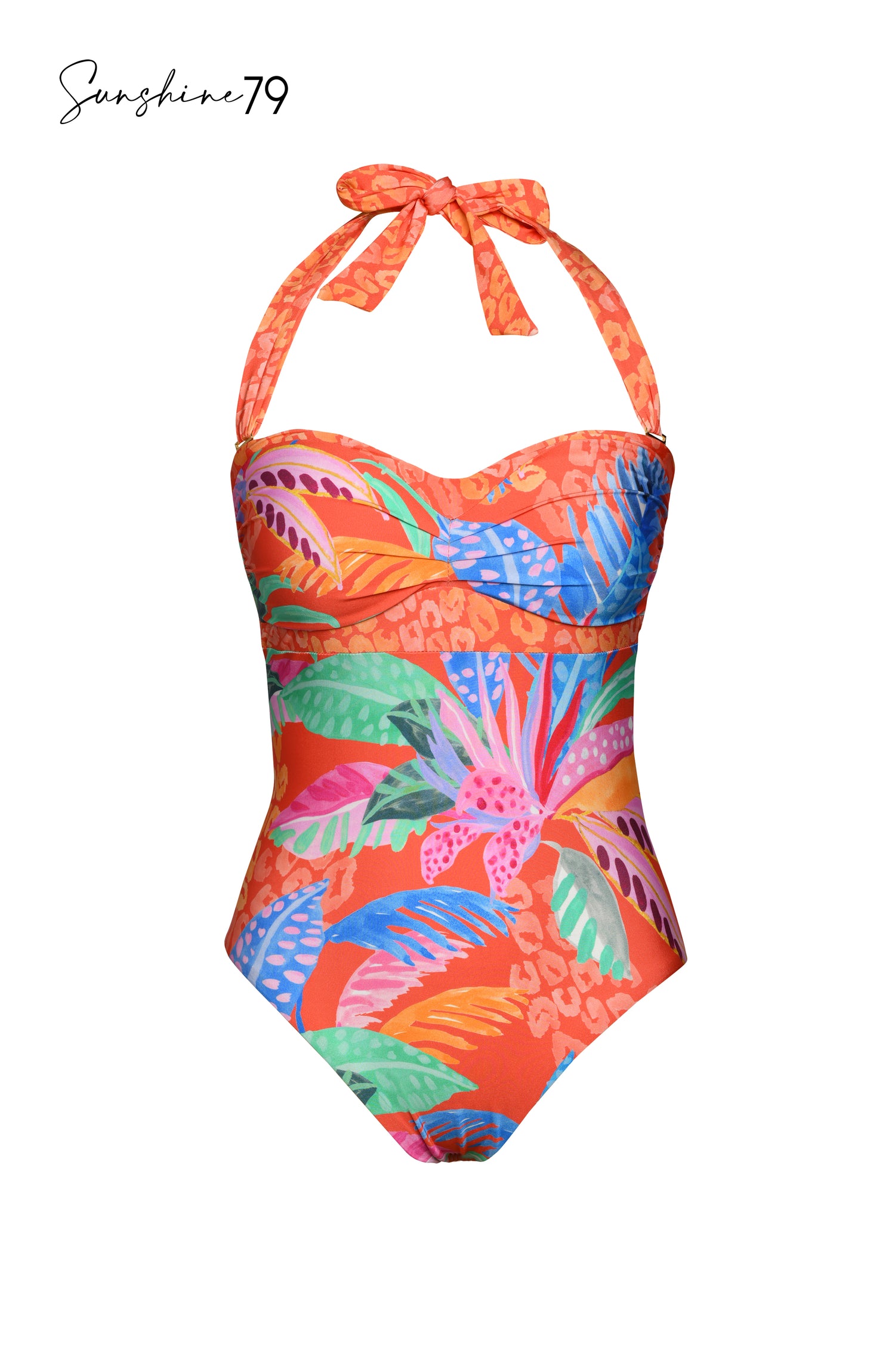 Tropical print bandeau one piece swimsuit