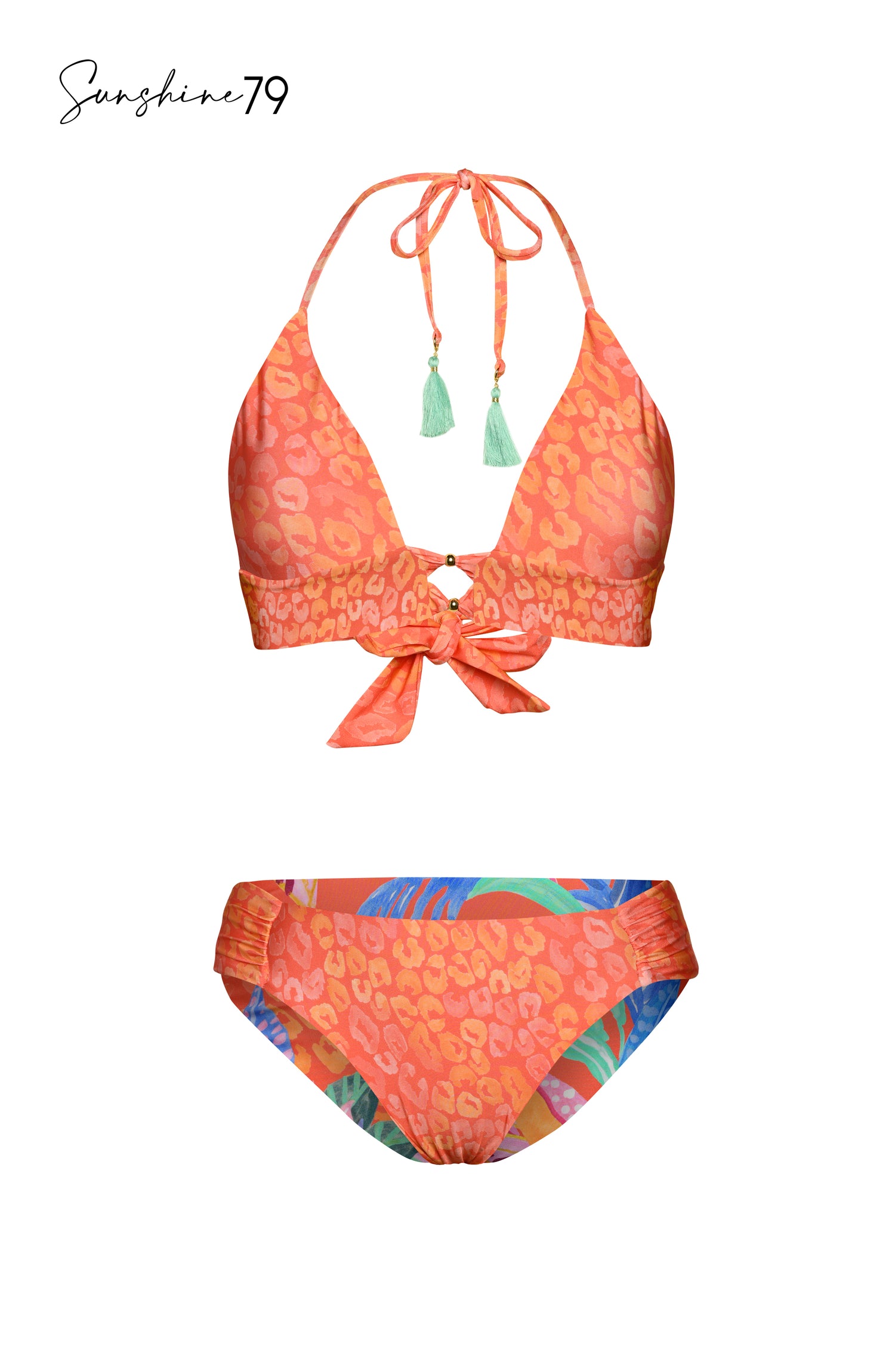 Orange cheetah print triangle bikini top and matching swimwear bottoms