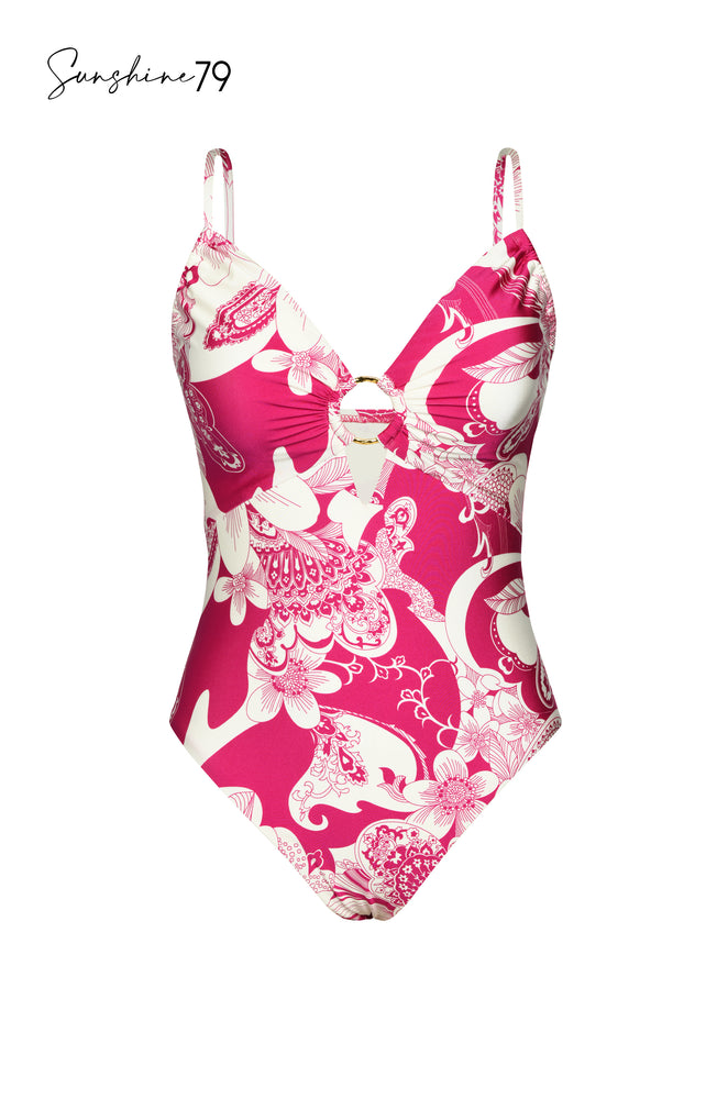 Pink and white floral one piece swimsuit