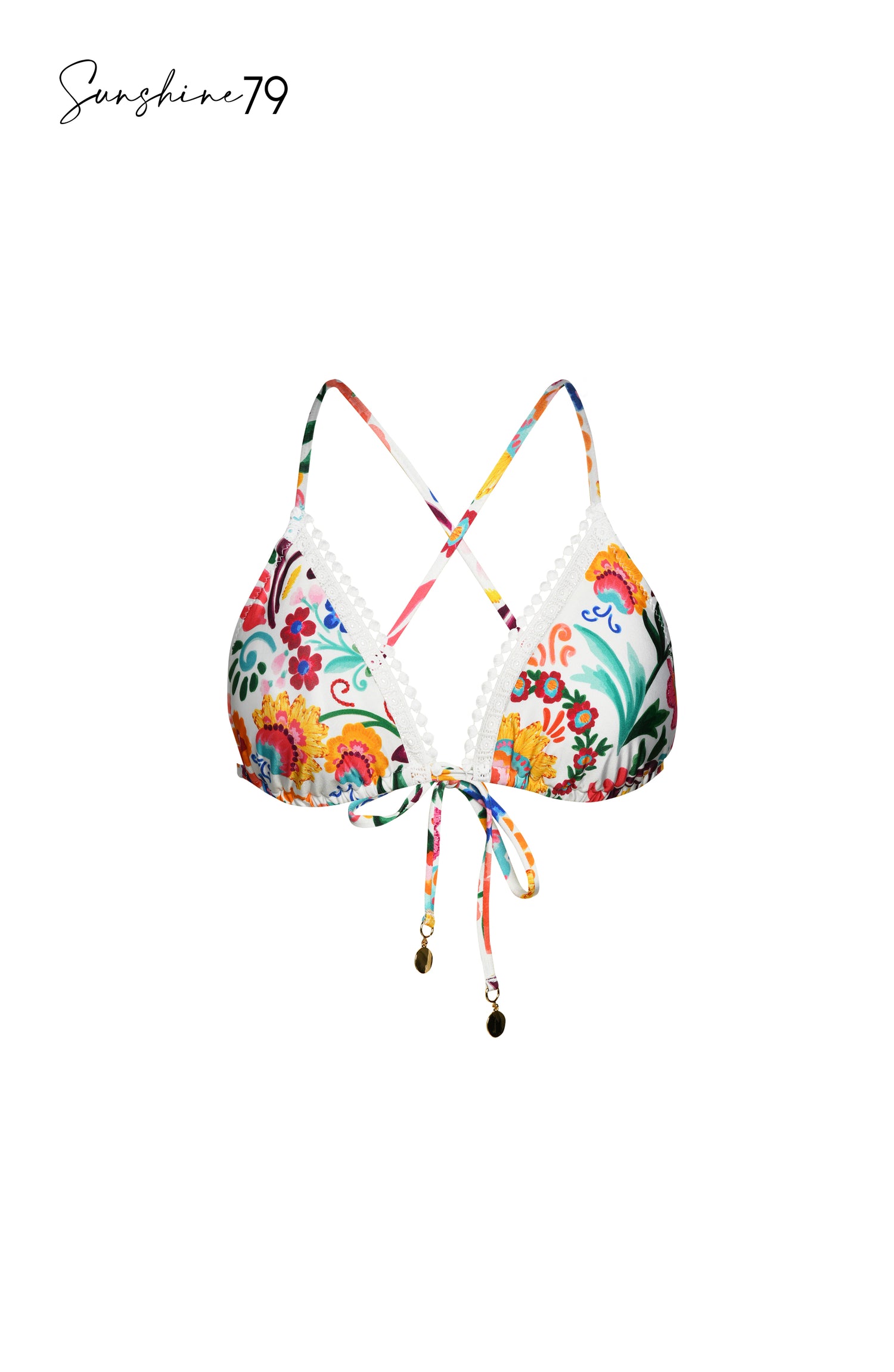 Model is wearing a multicolored spanish inspired printed halter triangle bikini top from our Sunshine 79 brand.