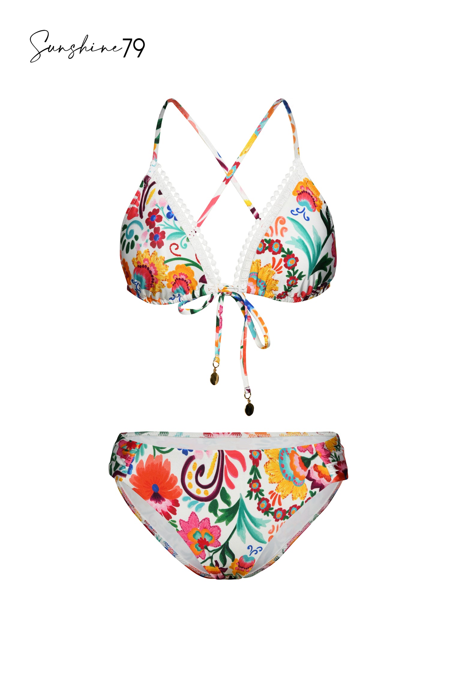 Floral triangle bikini top and matching swimwear bottoms