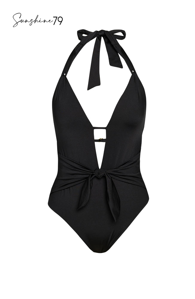 
            
                Load image into Gallery viewer, Solid black plunge one piece swimsuit
            
        
