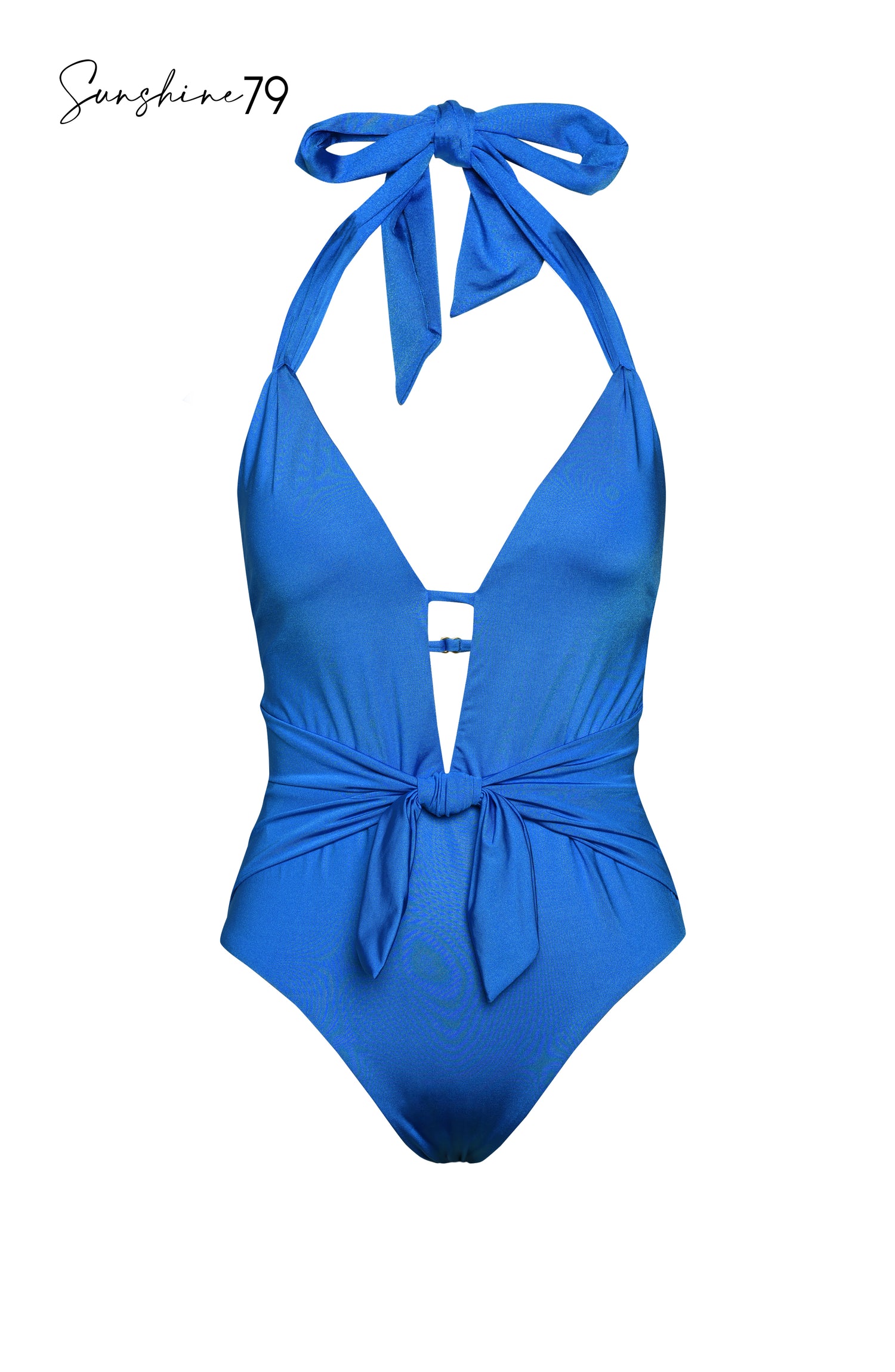 Model is wearing a solid cobalt blue colored halter plunge one piece from our Sunshine 79 brand.