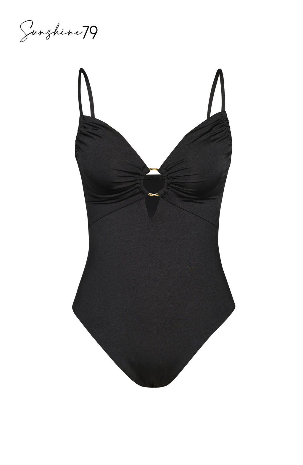 Image of a solid black over the shoulder keyhole one piece from our Sunshine 79 brand.