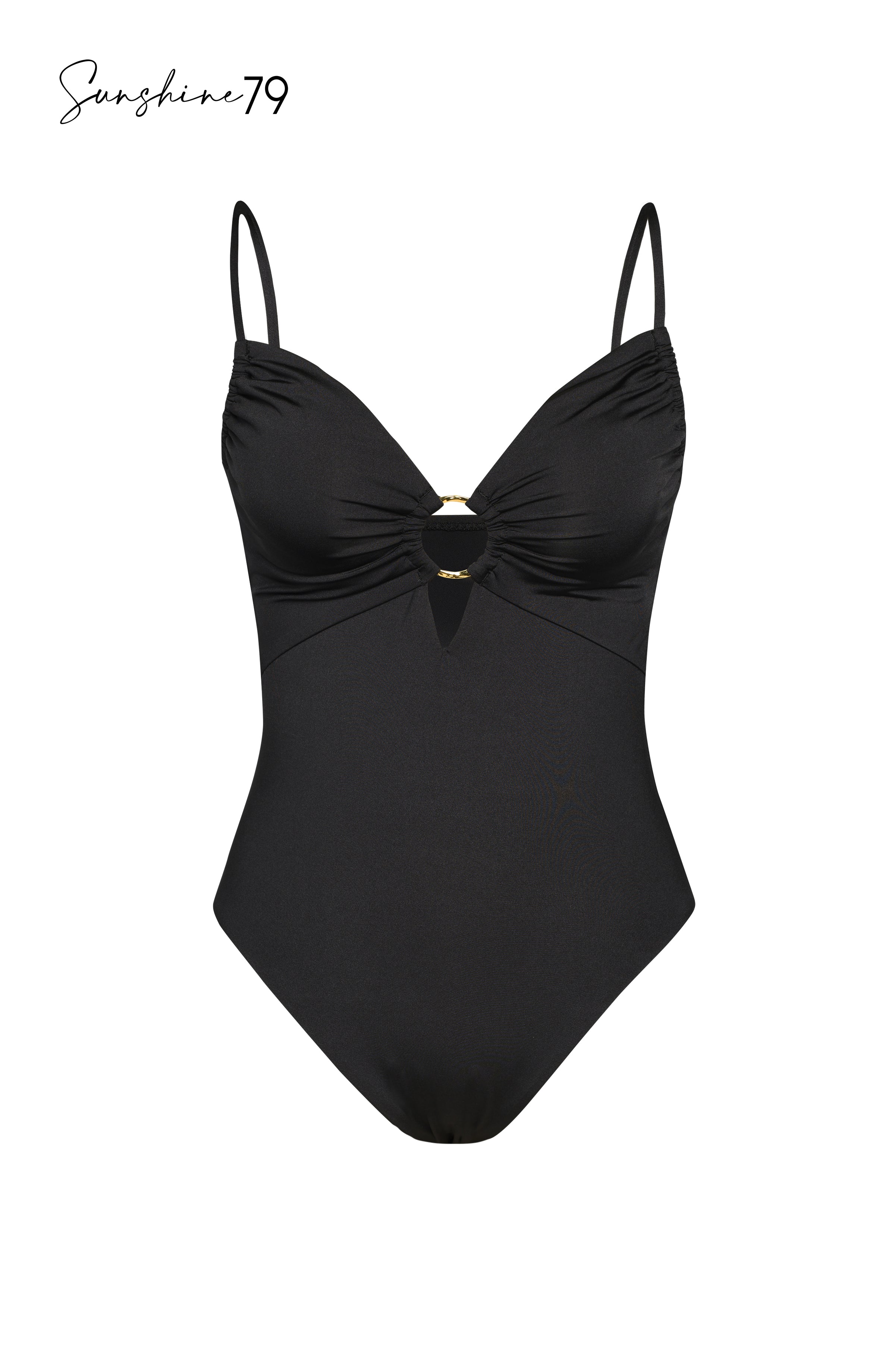 Image of a solid black over the shoulder keyhole one piece from our Sunshine 79 brand.