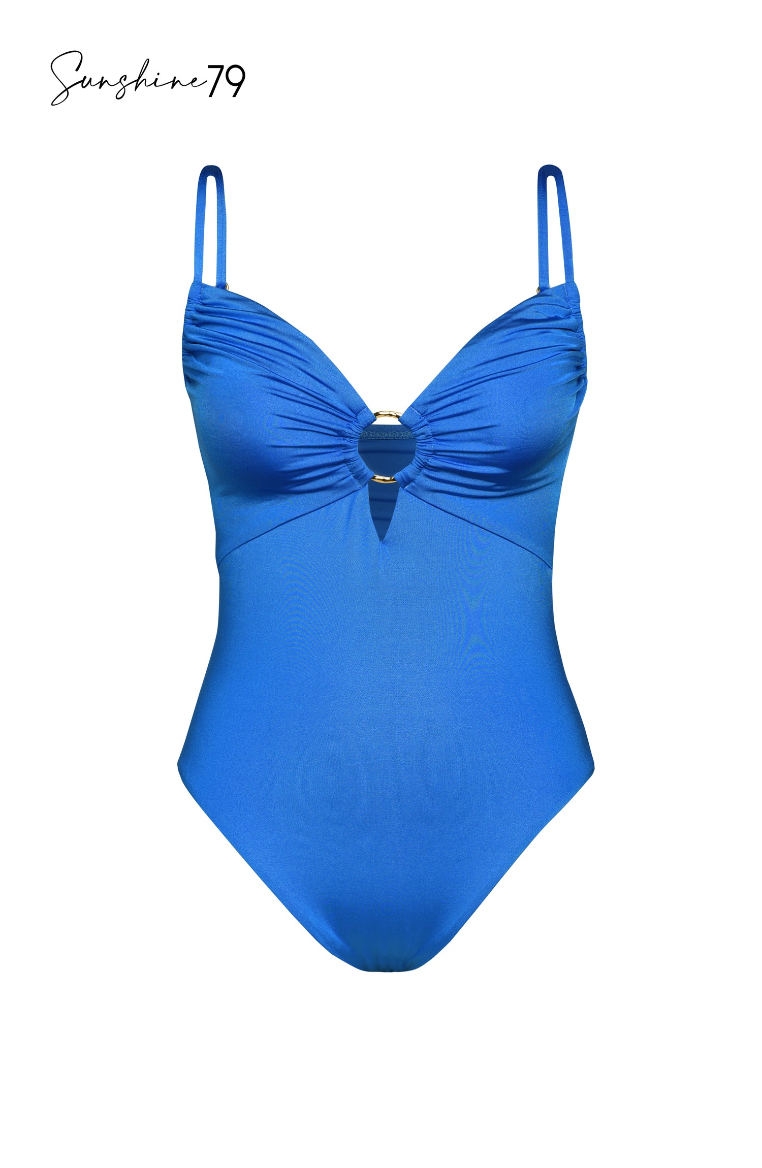 Model is wearing a solid cobalt blue colored over the shoulder keyhole one piece from our Sunshine 79 brand.