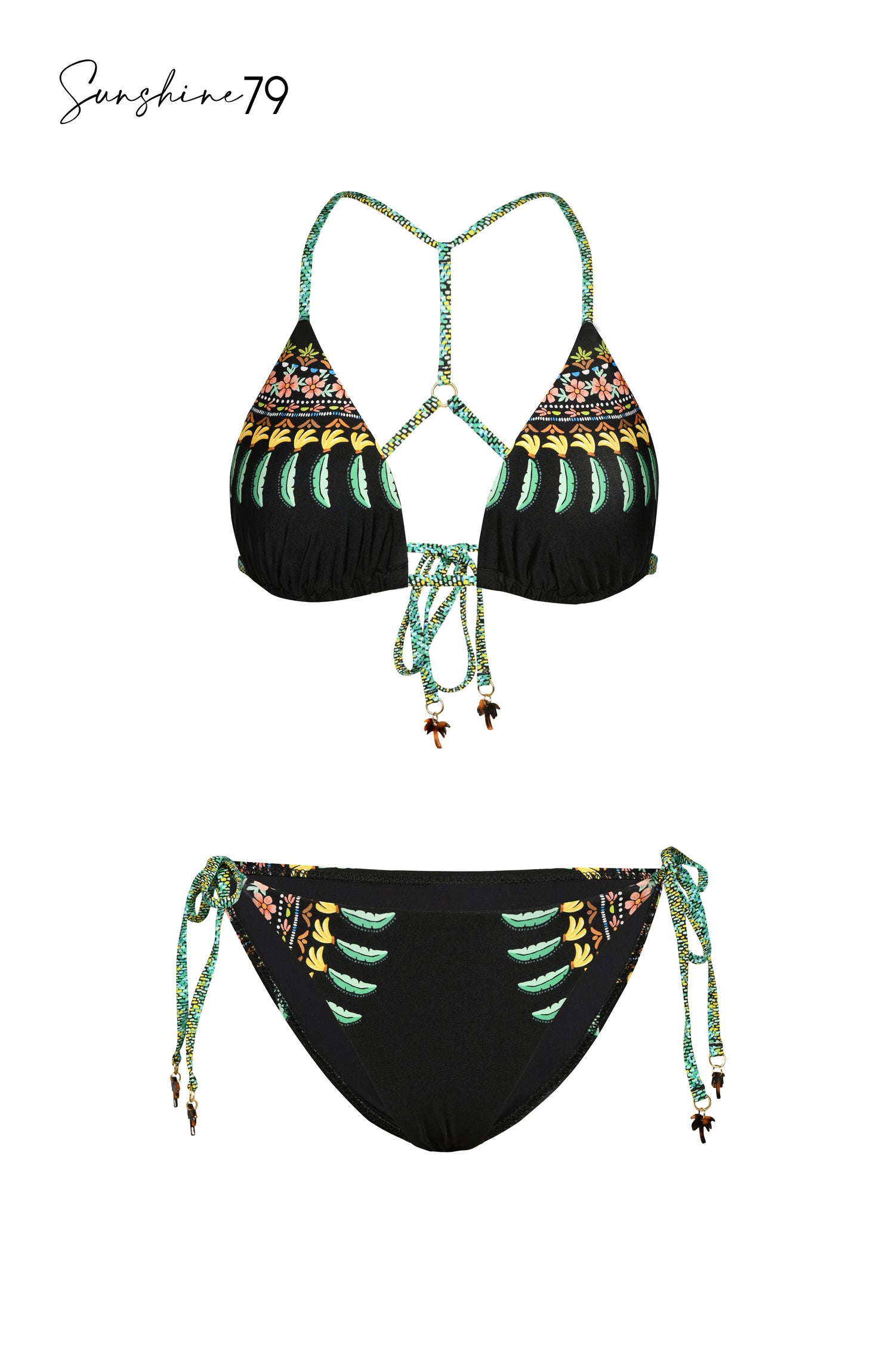 Triangle swimsuit top and matching bottoms with tropical print