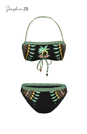 Bandeau swimsuit top and matching bottoms with tropical print