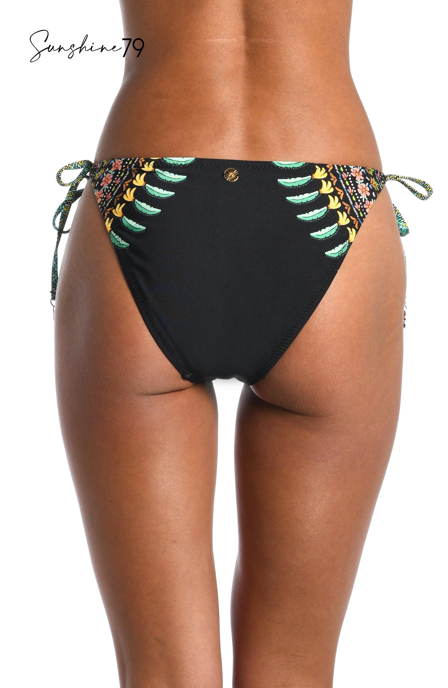 Model is wearing a black multicolored palm tree printed tie side hipster bikini bottom from our Sunshine 79 brand.