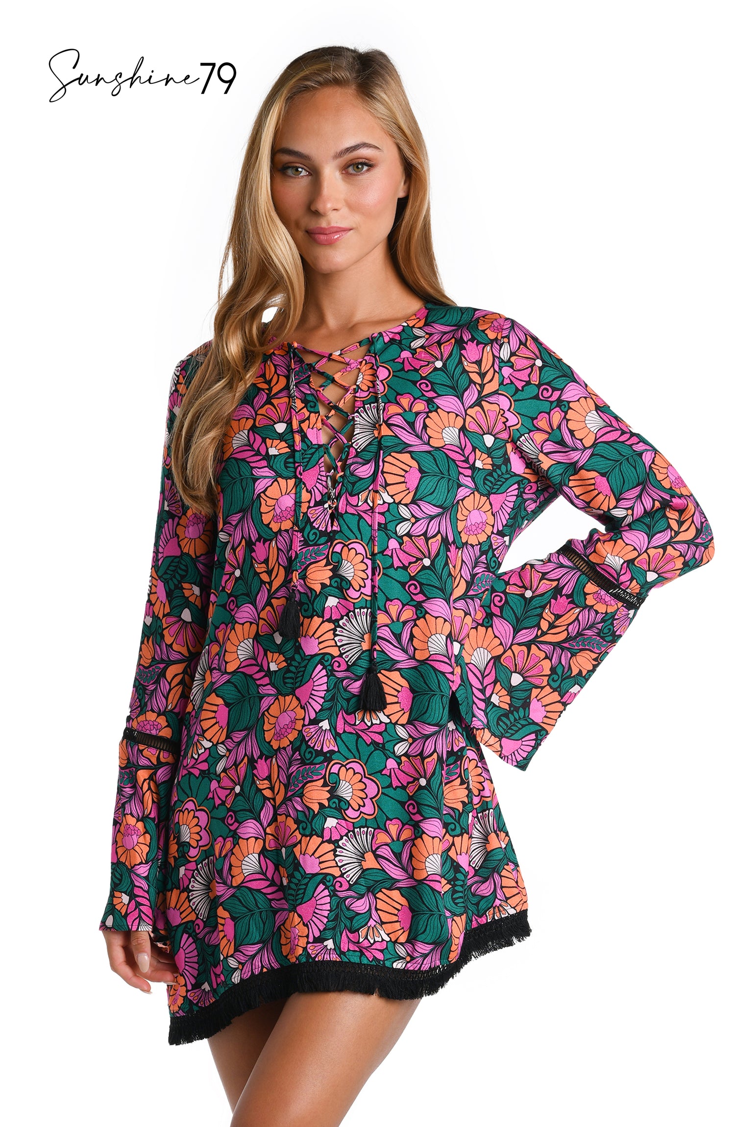 Model is wearing a multicolored Short Sleeve Tunic Cover Up Dress