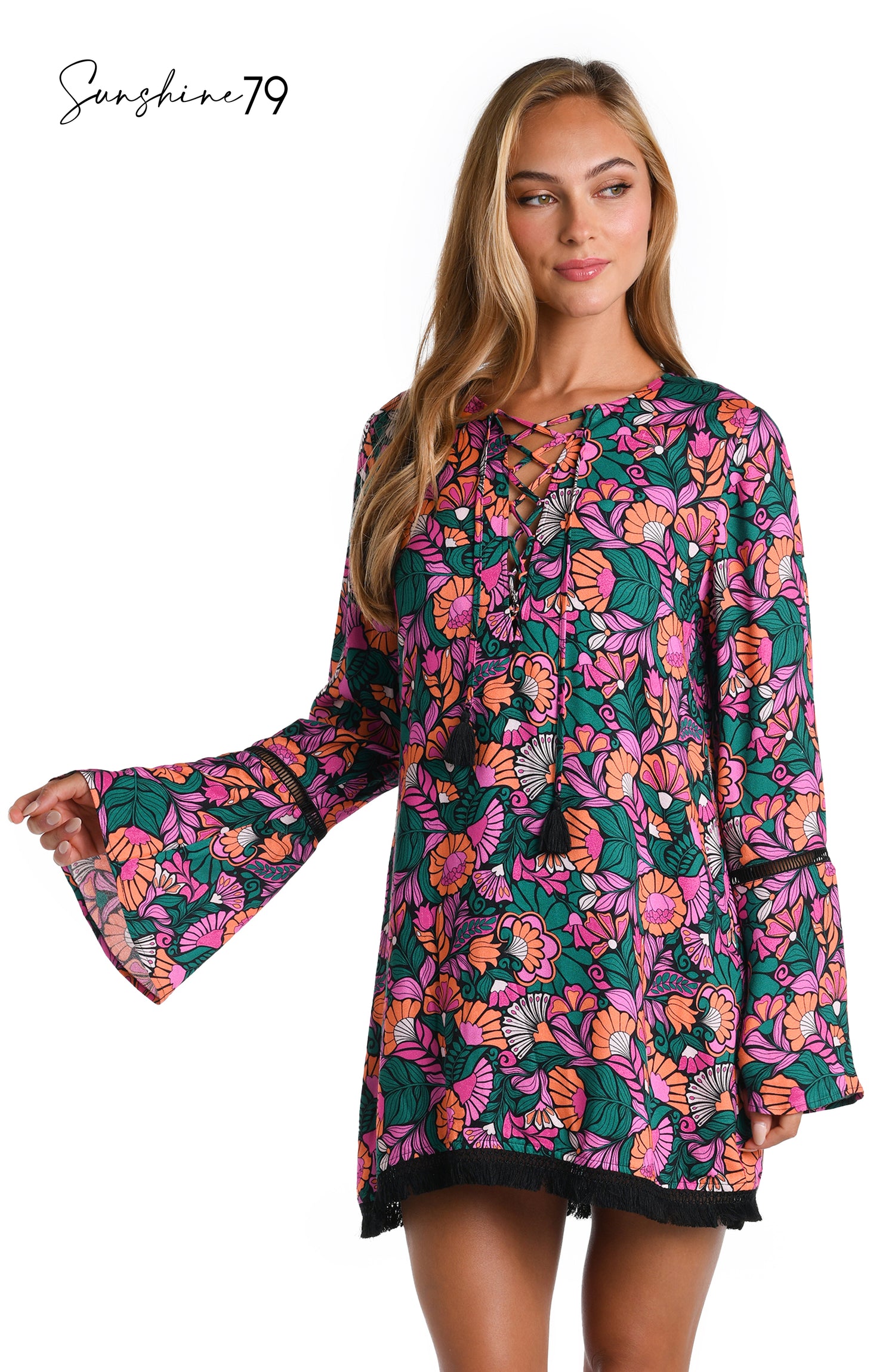 Model is wearing a multicolored Long Sleeve Tunic Cover Up Dress