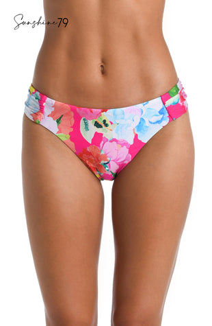 Model is wearing a multicolored Side Shirred Hipster Bikini Swimsuit Bottom
