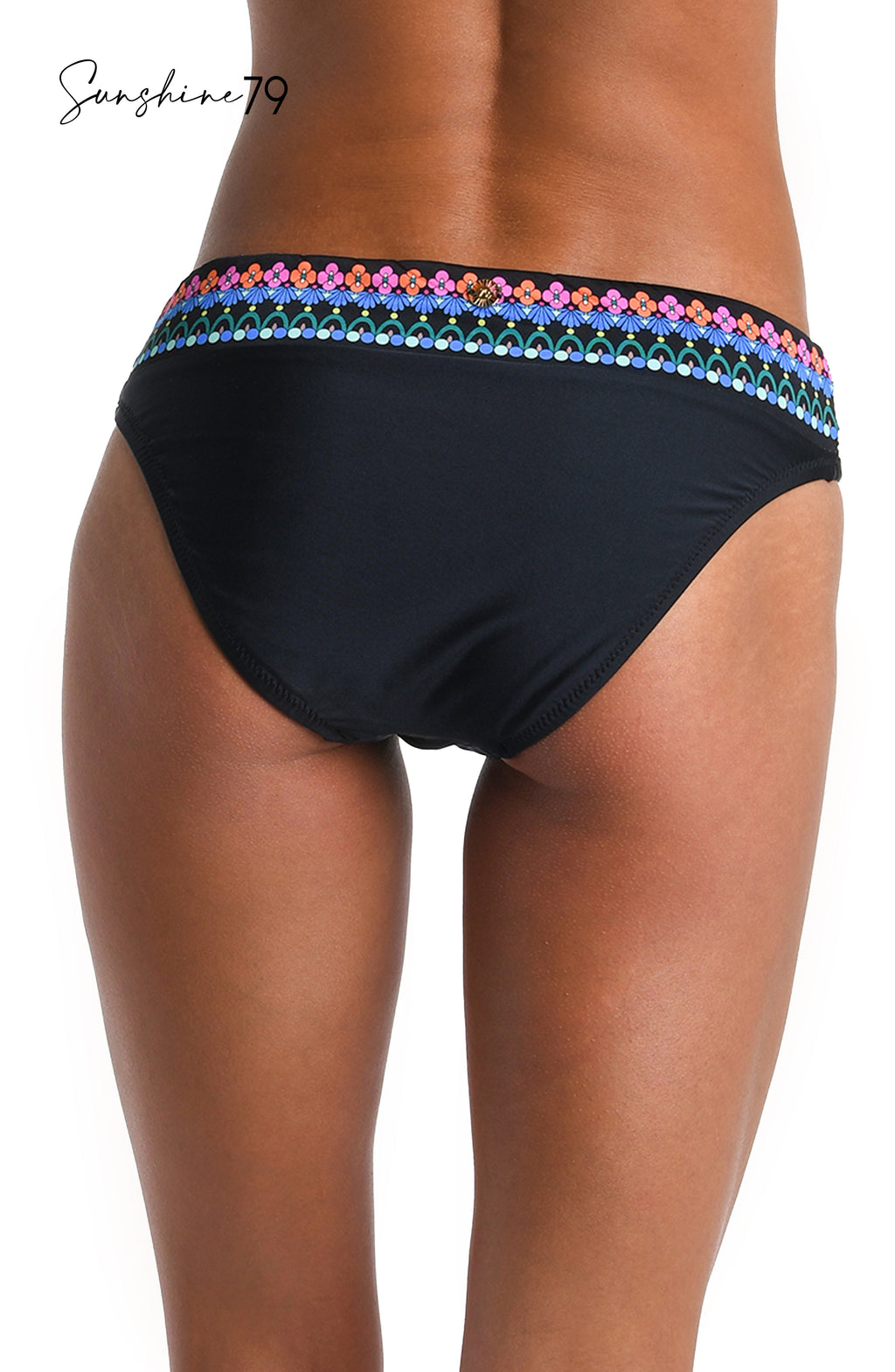 Model is wearing a multicolored Hipster Bikini Swimsuit Bottom