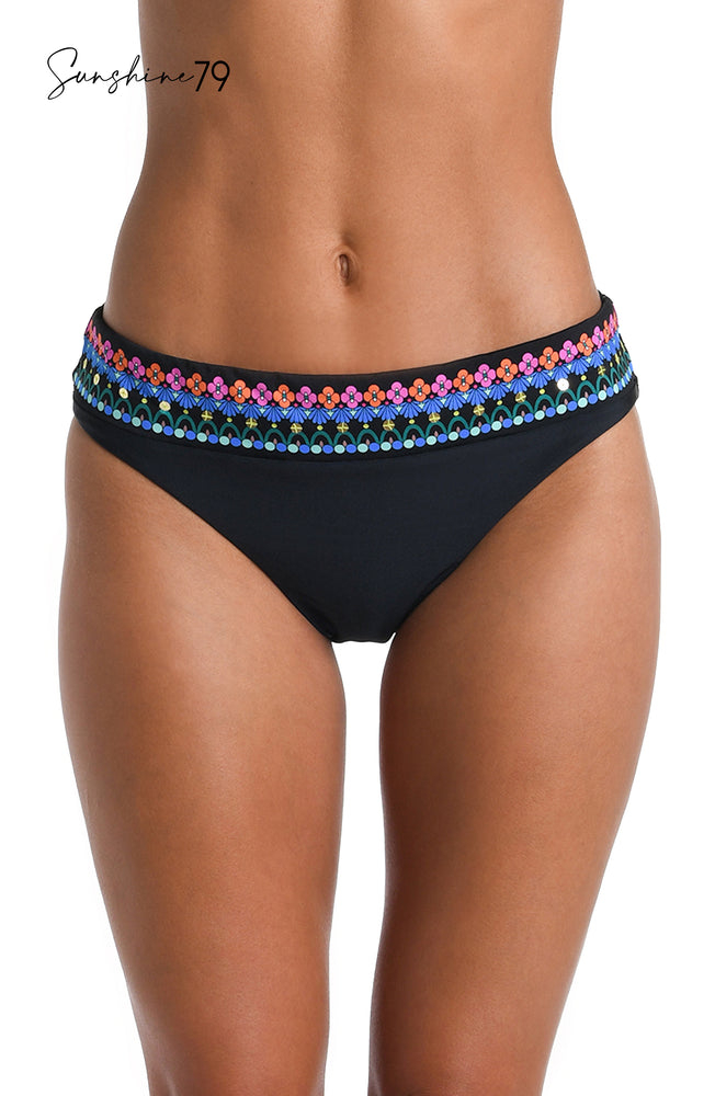 
            
                Load image into Gallery viewer, Model is wearing a multicolored Hipster Bikini Swimsuit Bottom
            
        