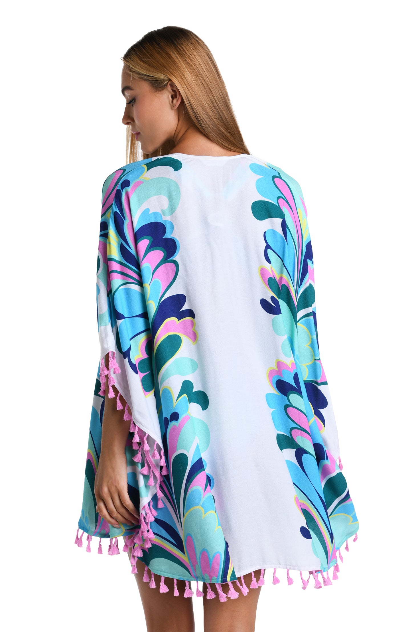 Model is wearing a white, blue, green, and pink multicolored floral printed Open Front Kimono