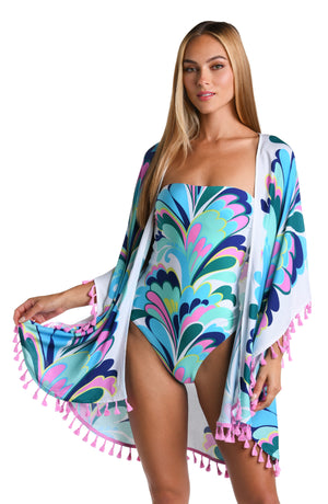 Model is wearing a white, blue, green, and pink multicolored floral printed Open Front Kimono