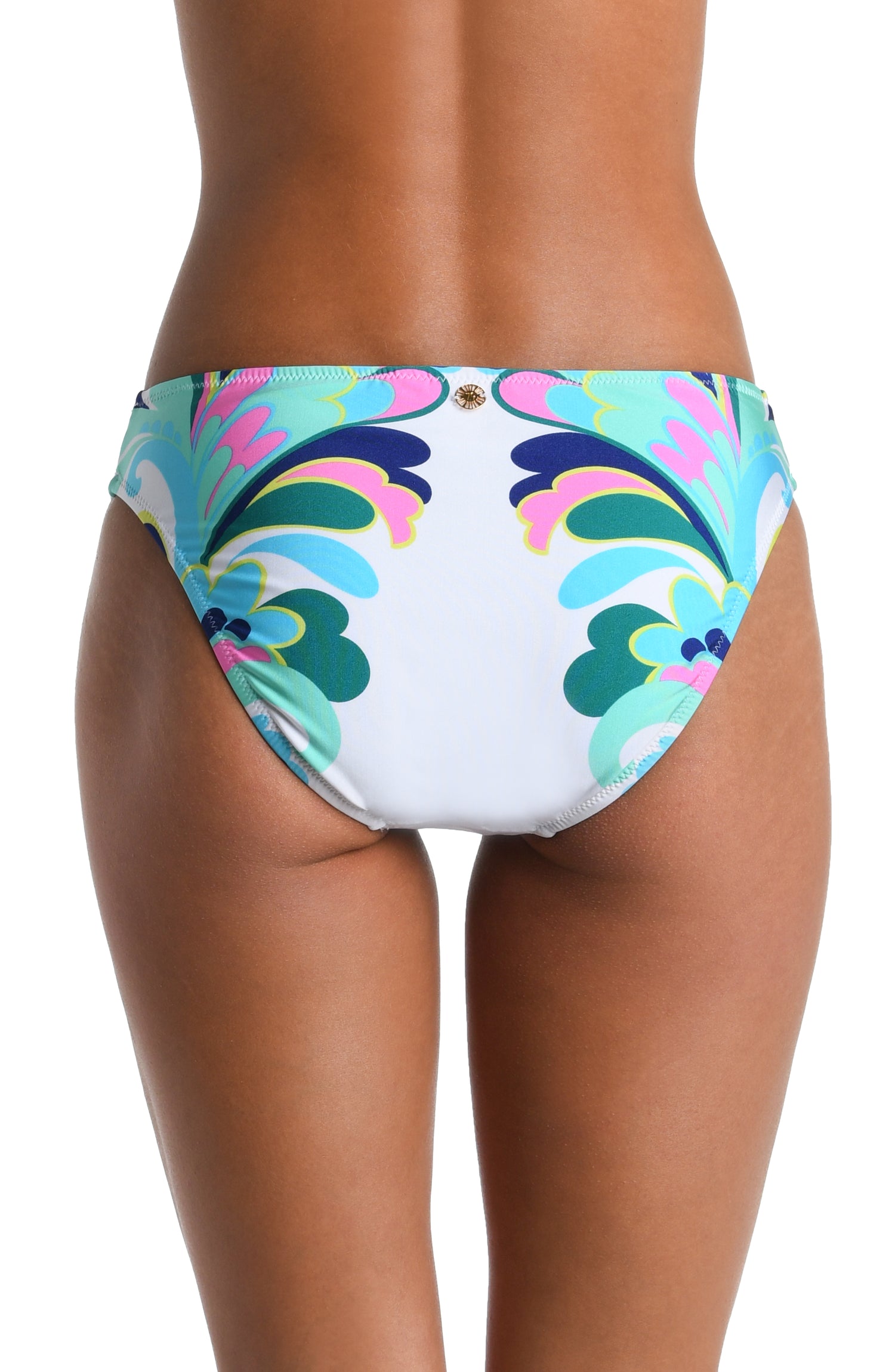 Model is wearing a white, blue, green, and pink multicolored floral printed Hipster Bottom