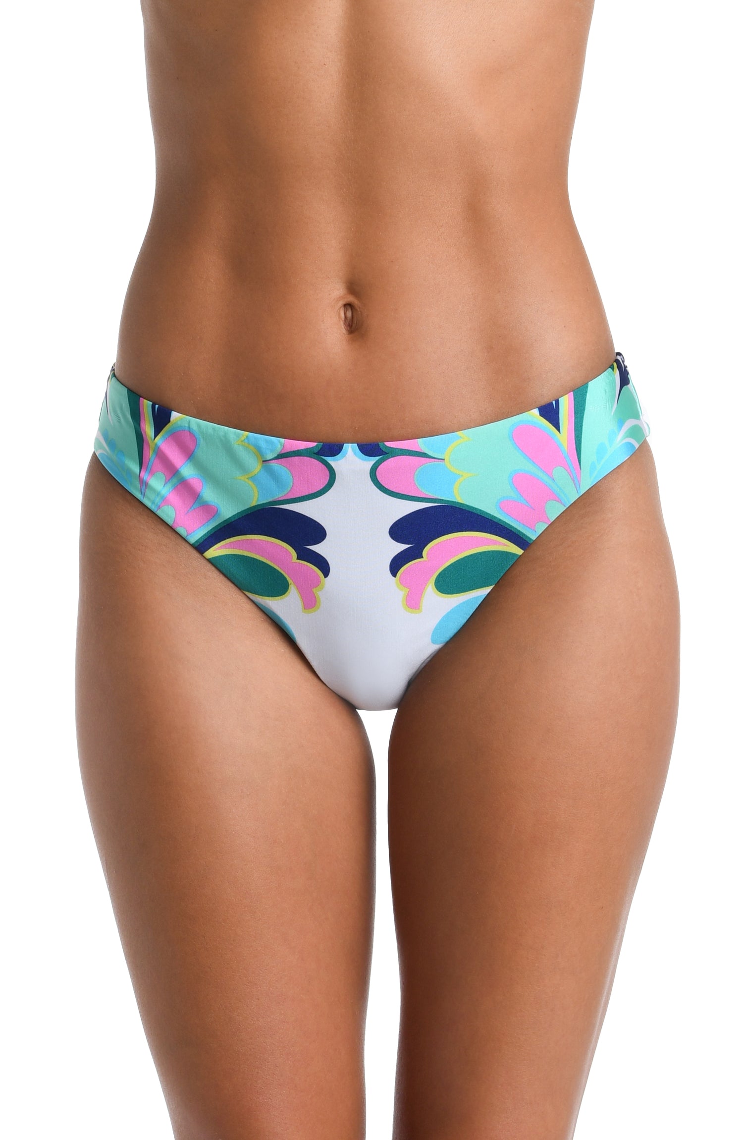 Model is wearing a white, blue, green, and pink multicolored floral printed Hipster Bottom