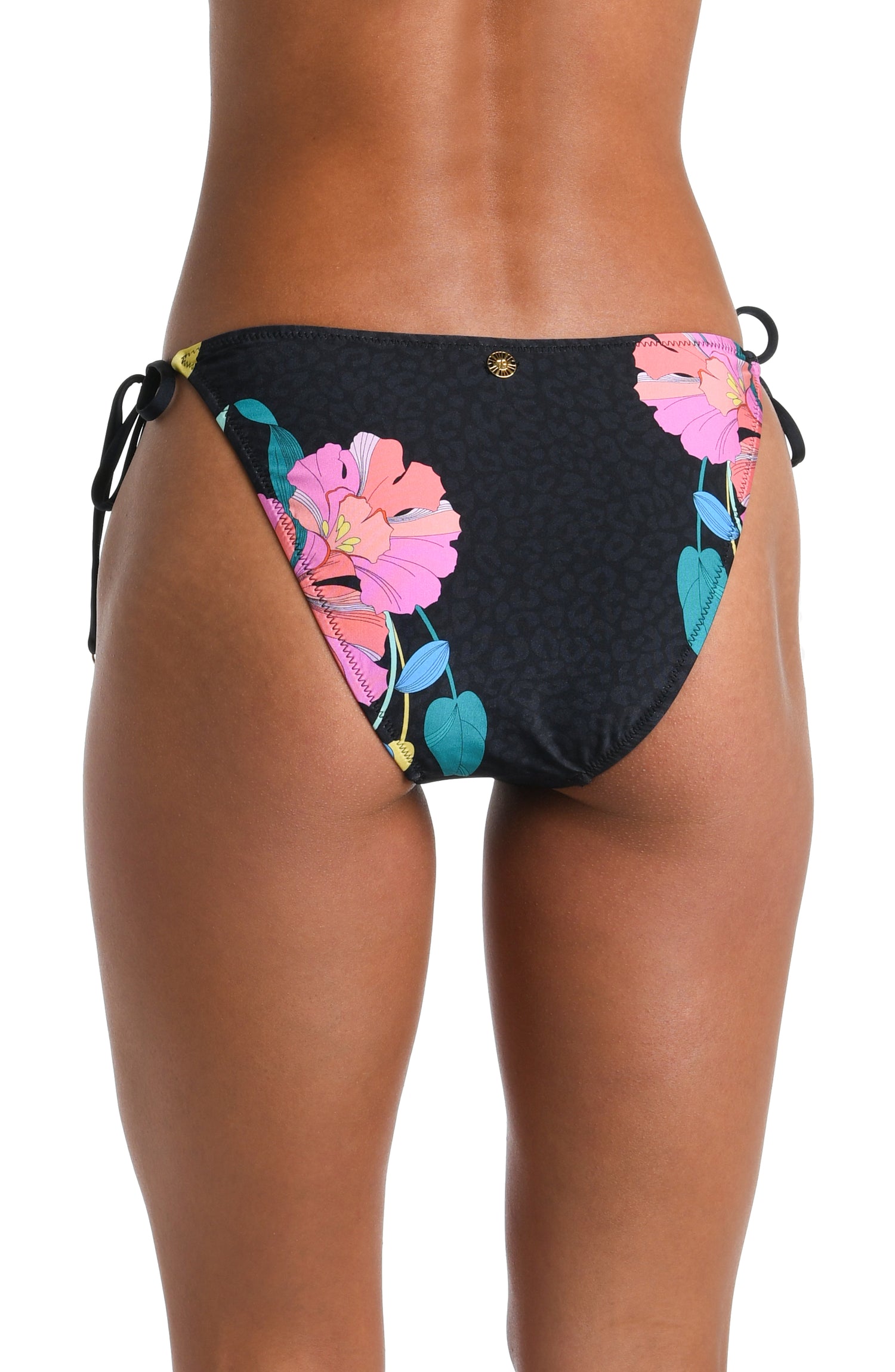Model is wearing a black, pink, and green multicolored floral patterned Side Tie Hipster Bottom