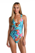 Model is wearing a turquoise, blue, coral multicolored floral printed V-Plunge One Piece