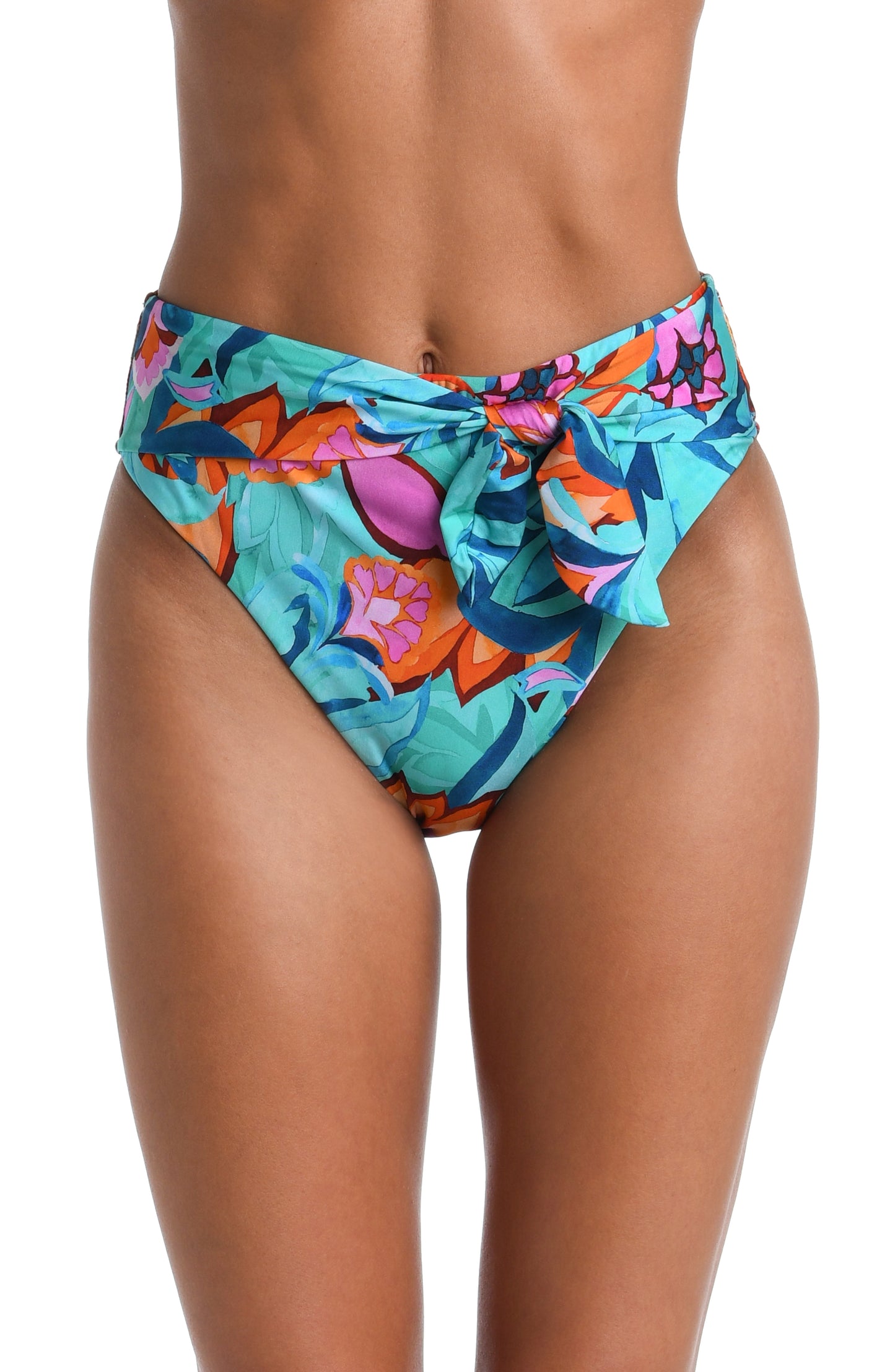 Model is wearing a turquoise, blue, coral multicolored floral printed High-Waist Bottom