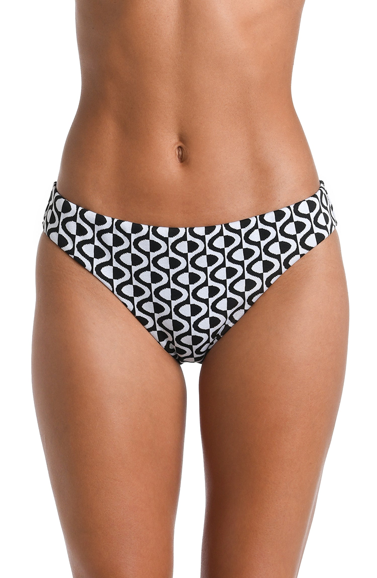 Model is wearing a black and white geometric patterned Hipster Bottom