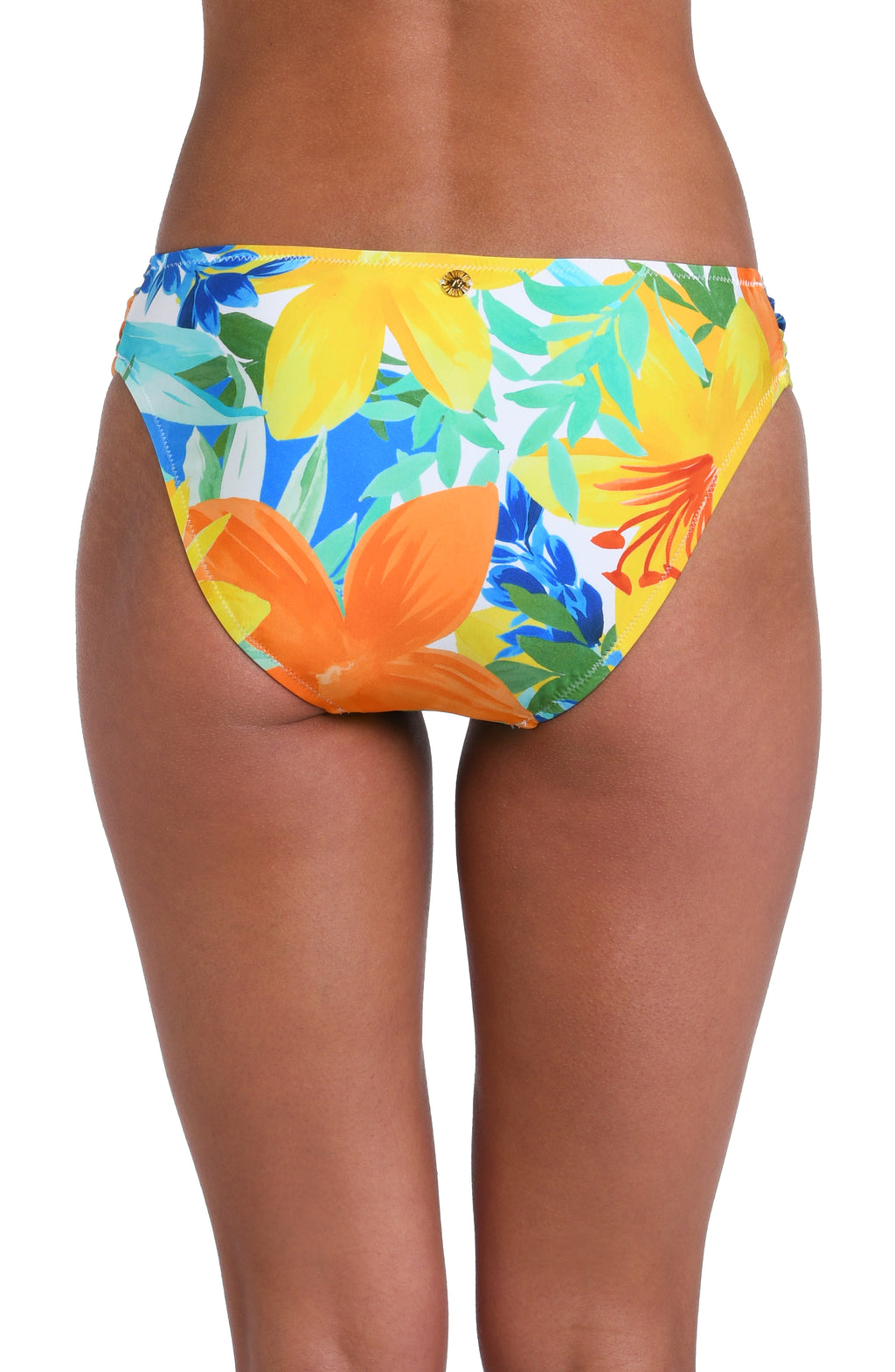 Model is wearing a blue, green, and orange multi colored floral printed side shirred hipster bottom.