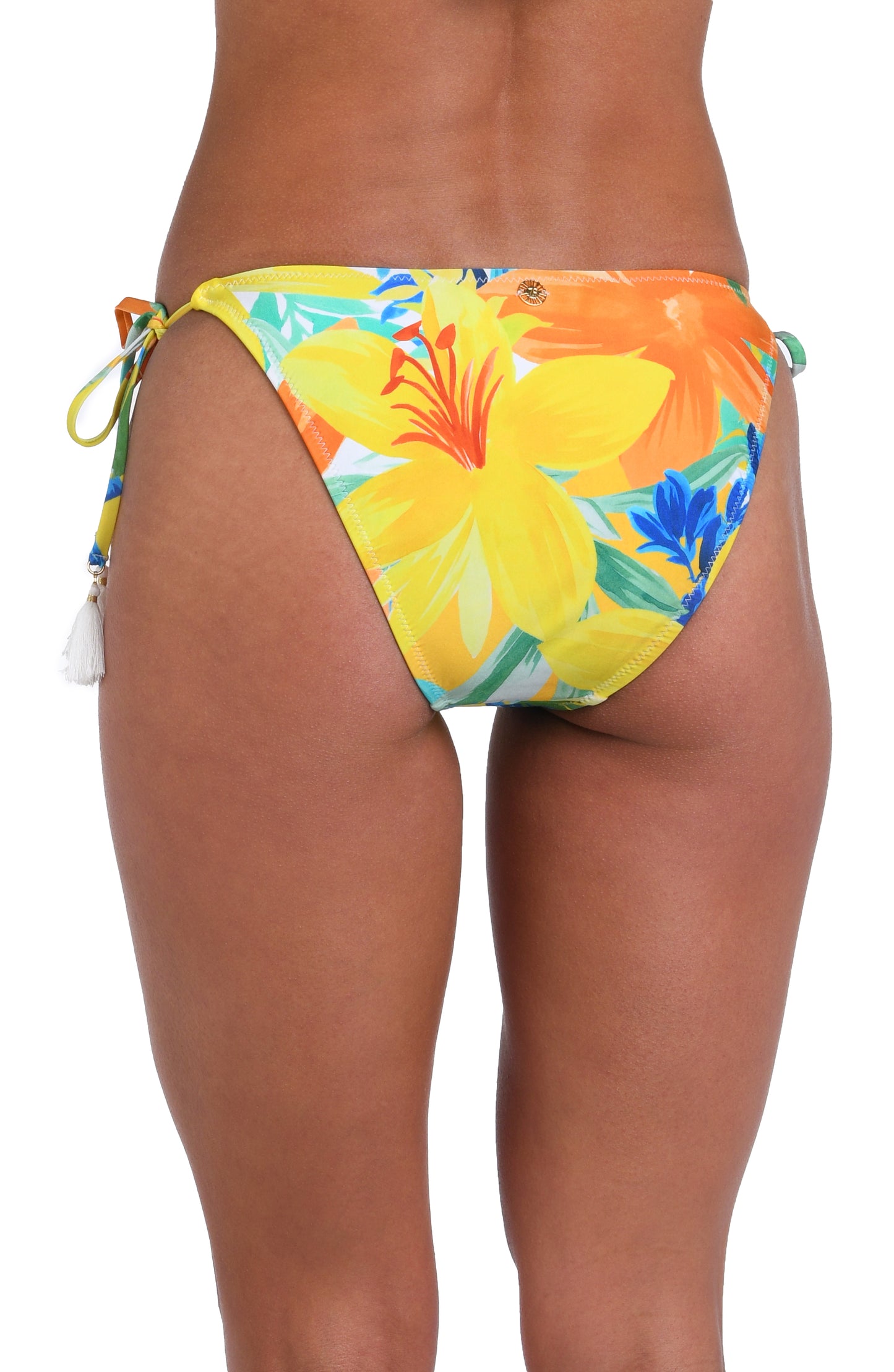 Model is wearing a blue, green, and orange multi colored floral printed side tie hipster bottom.