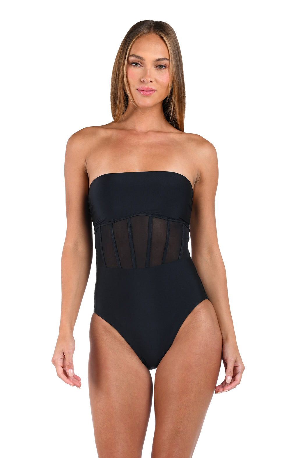 Front image of model wearing the Sunshine 79 Solids Bandeau One Piece in Black.