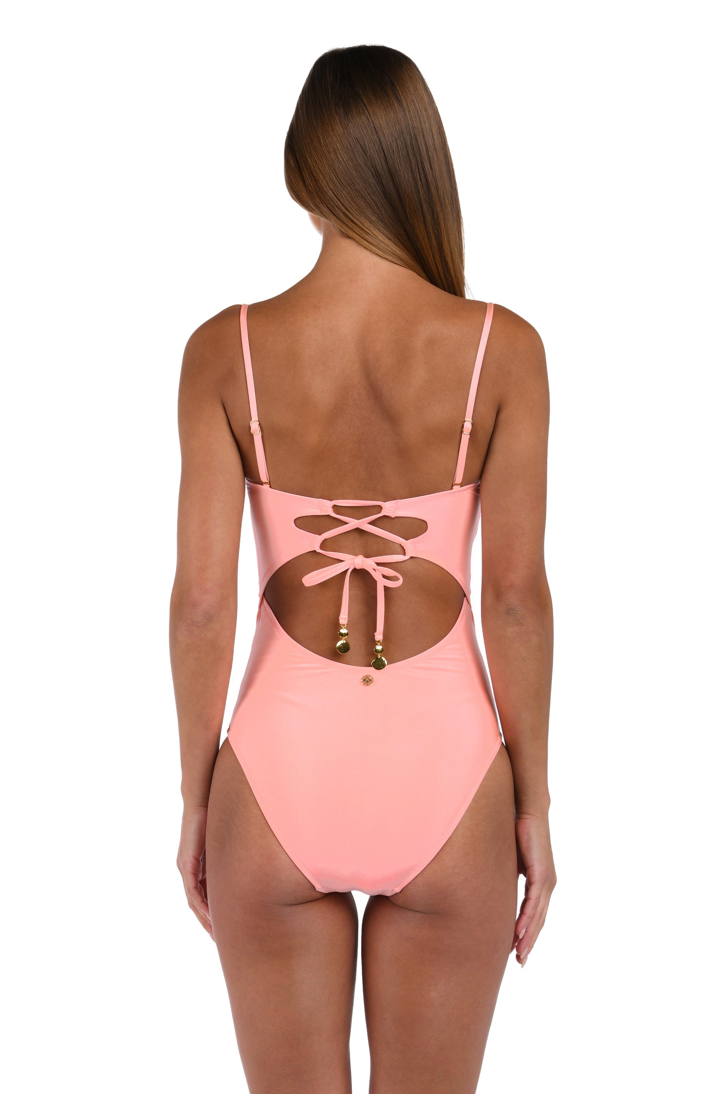 Back image of model wearing the Sunshine 79 Solids  Bandeau One Piece in Blossom.