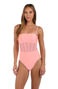 Front image of model wearing the Sunshine 79 Solids  Bandeau One Piece in Blossom.
