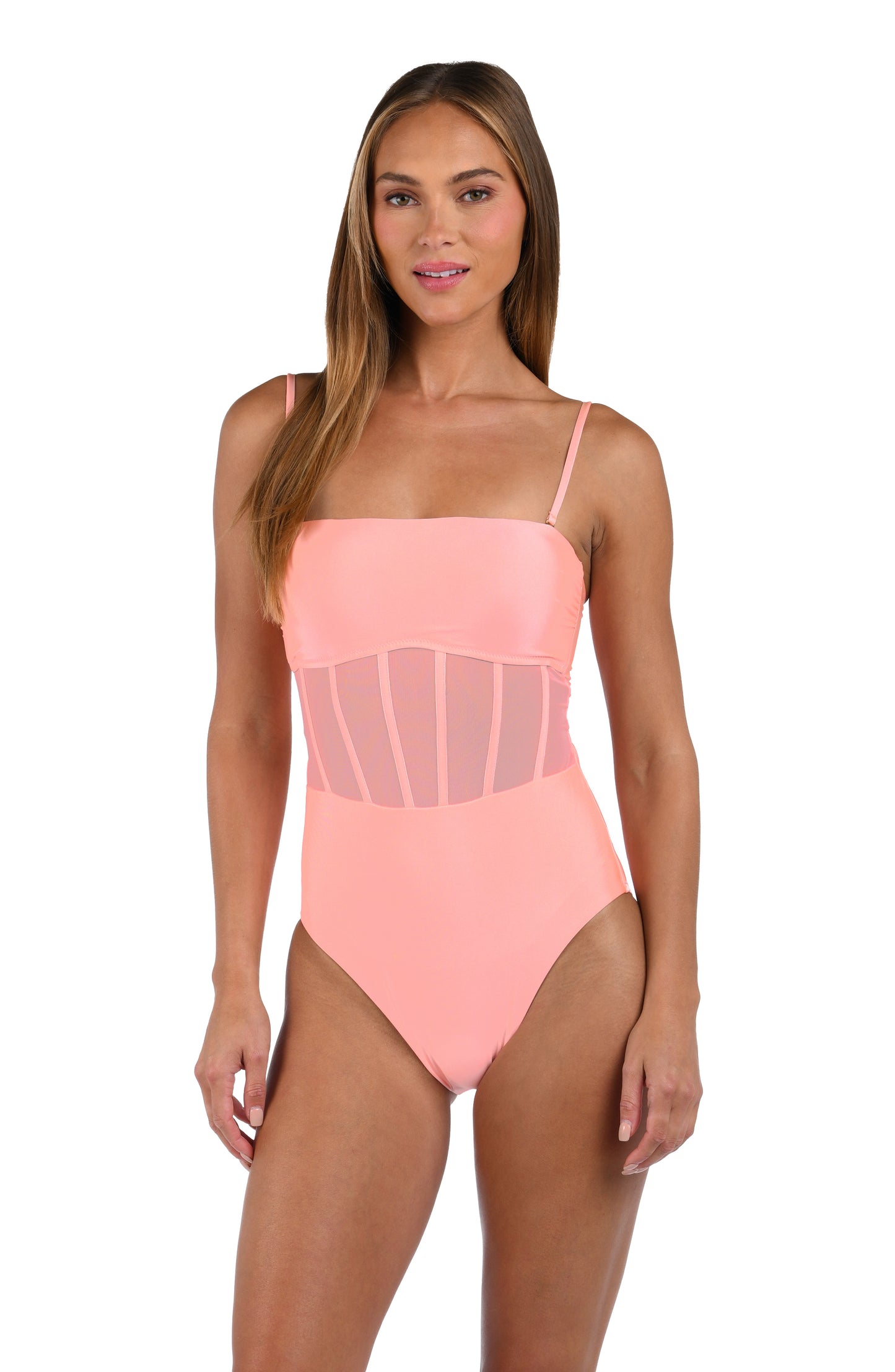 Front image of model wearing the Sunshine 79 Solids  Bandeau One Piece in Blossom.