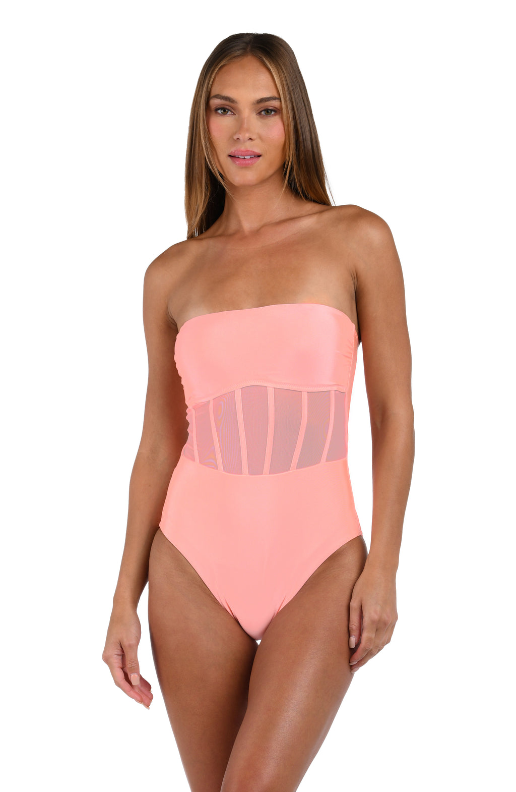 Front image of model wearing the Sunshine 79 Solids  Bandeau One Piece in Blossom.